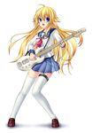  467_(artist) angel_beats! bad_id bad_pixiv_id bass_guitar blonde_hair blue_eyes highres instrument long_hair school_uniform sekine serafuku solo thighhighs zettai_ryouiki 