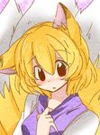  animal_ears blonde_hair blush collar_tug eromame fox_ears fox_tail multiple_tails no_hat no_headwear red_eyes short_hair solo tail touhou yakumo_ran 