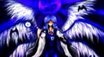  angel_wings bat blue_eyes blue_hair long_hair sariel solo staff touhou touhou_(pc-98) wings 