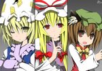  :/ :o animal_ears blonde_hair brown_eyes brown_hair cat_ears chen column_lineup fang finger_to_chin hat long_hair multiple_girls one_eye_closed red_eyes ribbon short_hair signature sky_(freedom) touhou yakumo_ran yakumo_yukari yellow_eyes 