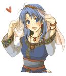  blue_hair blush bracelet dragon_quest dragon_quest_vi earrings harushino jewelry lowres necklace open_mouth smile solo tania veil 