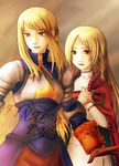  agrias_oaks armor blonde_hair braid breastplate brown_eyes copyright_name corset cowboy_shot final_fantasy final_fantasy_tactics frown gloves groin hands_on_own_chest knight lips long_hair multiple_girls ovelia_atkascha parted_lips serious sidelocks single_braid yusoson 