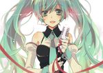  aqua_eyes aqua_hair elbow_gloves gloves hatsune_miku headset jonejung long_hair microphone ribbon simple_background smile solo twintails vocaloid wrist_cuffs 