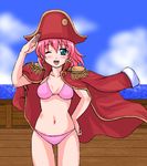  1girl blue_eyes blush boat bra coat female final_fantasy final_fantasy_v hat lenna_charlotte_tycoon lingerie lowres midriff ocean open_clothes open_coat open_mouth ottosei outdoors panties pink_bra pink_hair pink_panties pirate salute sea short_hair sky solo underwear wink 