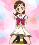  bow brown_eyes brown_hair dress haruyama_kazunori heartcatch_precure! kneehighs kneeling myoudou_gakuen_middle_school_uniform precure sailor_dress sakuma_toshiko school_uniform serafuku smile socks solo upskirt 