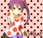  bad_id bad_pixiv_id blue_legwear hair_bobbles hair_ornament k-on! kujou_saku listen!! long_hair nakano_azusa pantyhose polka_dot purple_eyes purple_hair side_ponytail solo 