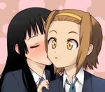  :&lt; akiyama_mio bangs black_hair blazer blunt_bangs blush brown_hair cheek_kiss closed_eyes hairband hime_cut jacket k-on! kikumaru_bunta kiss long_hair multiple_girls portrait school_uniform short_hair surprise_kiss surprised tainaka_ritsu yellow_eyes yuri 