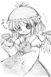  animal_ears greyscale hat monochrome music musical_note mystia_lorelei nisu open_mouth short_hair singing sketch solo touhou traditional_media wide_sleeves wings 