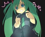  1girl bad_id bad_pixiv_id blue_eyes clenched_teeth controller from_below game_console game_controller green_hair hatsune_miku long_hair necktie pantyhose playing_games playstation sama simple_background sitting solo teeth twintails vocaloid 