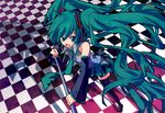  aqua_eyes aqua_hair bad_id bad_pixiv_id checkered checkered_floor detached_sleeves dobu_hinako hatsune_miku headphones long_hair microphone microphone_stand necktie perspective skirt smile solo thighhighs twintails very_long_hair vocaloid zettai_ryouiki 