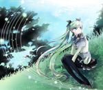  black_legwear blue_eyes futari_no_niji_(vocaloid) green_hair hatsune_miku leg_hug legs long_hair mariwai_(marireroy) pantyhose scarf sitting skirt solo striped striped_scarf twintails very_long_hair vocaloid 