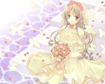  bouquet breasts bride brown_eyes bug butterfly cleavage copyright_request dress elbow_gloves flower gloves grey_hair insect long_hair medium_breasts min-mu petals rose rose_petals sitting soaking_feet solo stairs thighhighs water wedding_dress white_legwear 