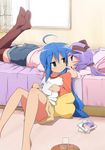  :&lt; ahoge bare_legs barefoot bed black_legwear blue_eyes blue_hair casual cheek_poking eyebrows_visible_through_hair green_eyes hair_ribbon hiiragi_kagami izumi_konata kawaisou legs long_hair looking_back lucky_star lying manga_(object) midriff mole mole_under_eye multiple_girls on_stomach poking purple_hair raglan_sleeves ribbon short_shorts shorts sitting socks thighhighs tsurime twintails yuri 