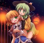  arm_warmers blonde_hair blush curious eargasm green_eyes green_hair hat komeiji_koishi lzh mizuhashi_parsee multiple_girls one_eye_closed pointy_ears scarf short_hair touhou 