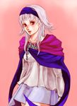  cape female gensou_suikoden gensou_suikoden_ii gradient gradient_background hairband long_hair miniskirt red_eyes sierra_mikain skirt solo suikoden suikoden_ii tom_(pixiv263640) white_hair 