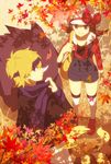  1girl autumn bad_id bad_pixiv_id blonde_hair brown_eyes brown_hair cabbie_hat furret gen_1_pokemon gen_2_pokemon gengar hat hat_ribbon headband kasuboo kotone_(pokemon) leaf maple_leaf matsuba_(pokemon) overalls pokemon pokemon_(creature) pokemon_(game) pokemon_hgss red_ribbon ribbon scarf thighhighs 