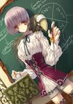  bird book brown_eyes chalkboard copyright_request corset dutch_angle music_stand okonogi_noi purple_hair short_hair solo standing thighhighs wand 