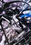  bad_id bad_pixiv_id battle belt bikini_top black_hair black_rock_shooter black_rock_shooter_(character) blue_eyes burning_eye chain curly_hair dead_master duel green_hair highres holding holding_scythe horns long_hair multiple_girls pale_skin scythe sword twintails wacchi30 weapon 