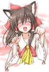  animal_ears blush cat_ears closed_eyes hakurei_reimu hellween highres kemonomimi_mode paw_pose ribbon smile solo touhou upper_body 