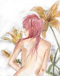  back bad_id bad_pixiv_id final_fantasy final_fantasy_xiii flower from_behind ikinari lightning_farron lily_(flower) lips long_hair looking_back nude pink_hair solo 