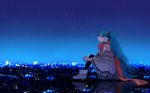  aqua_eyes aqua_hair blue casual cityscape earmuffs hatsune_miku highres leg_hug long_hair mikumix night pantyhose red_scarf scarf scenery sime_(echo) sitting solo star twintails vocaloid wallpaper 