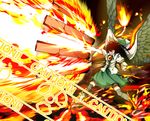  alternate_weapon arm_cannon attack black_hair bow cape caution caution_tape firing green_bow hair_bow radiation_symbol rapid-fire red_eyes reiuji_utsuho shigurio solo touhou weapon wings 