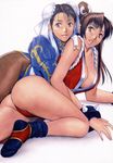  armband ass black_hair bracelet breasts brown_eyes brown_hair bun_cover china_dress chinese_clothes chun-li cleavage crossover double_bun dress earrings fatal_fury highres homare_(fool's_art) hug japanese_clothes jewelry large_breasts long_hair lying multiple_girls on_side open_mouth panties pantyhose pantyshot pantyshot_(lying) pelvic_curtain ponytail shiranui_mai socks spiked_bracelet spikes street_fighter the_king_of_fighters thighs underwear wristband 