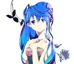 alternate_costume alternate_hairstyle blue_eyes blue_hair formal hair_over_eyes hair_over_shoulder hair_ribbon hands_on_own_chest hatsune_miku long_hair looking_at_viewer mariwai_(marireroy) ribbon simple_background solo vocaloid 