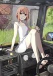  bad_id bad_pixiv_id barefoot brown_eyes brown_hair bug butterfly car car_interior damaged dress feet ground_vehicle insect key legs motor_vehicle natuwaya original plant right-hand_drive ruins smile solo steering_wheel strap_slip sundress 