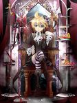  aqua_eyes blonde_hair boots cake coat crossed_legs crown flower food fruit hair_ornament haru_aki highres kagamine_len lolita_fashion male_focus pastry rose sitting solo striped striped_legwear thighhighs throne vocaloid 