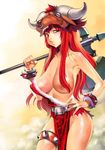  areola_slip areolae armpits axe belt blush bracelet breast_slip breasts bull covered_nipples dress f.s. fingernails fur_trim genderswap genderswap_(mtf) gyuukin hair_censor hair_over_breasts hand_on_hip hat horns huge_weapon jewelry large_breasts lips loincloth long_fingernails long_hair no_bra no_panties nose_piercing nose_ring one_breast_out outdoors piercing red_eyes red_hair sagging_breasts sangokushi_taisen sky solo spiked_bracelet spikes standing sunset thigh_strap torn_clothes weapon 