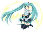  ahoge aqua_eyes aqua_hair detached_sleeves hatsune_miku headset kneeling long_hair necktie simple_background skirt smile solo thighhighs twintails very_long_hair vocaloid wings yayoi_(egoistic_realism) 