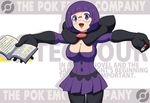  black_gloves black_legwear book breasts buttons cleavage elbow_gloves elite_four fountain_pen glasses gloves makoto_daikichi md5_mismatch medium_breasts open_mouth pantyhose pen pokemon pokemon_(game) pokemon_bw purple_eyes purple_hair purple_skirt reaching shikimi_(pokemon) short_hair skirt solo text_focus 