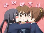  bad_id bad_pixiv_id blazer blush cheek_kiss closed_eyes double_cheek_kiss girl_sandwich happy_birthday heart hirasawa_ui hirasawa_yui hoshi_mirin jacket k-on! kiss multiple_girls nakano_azusa sandwiched school_uniform simple_background surprised translated twintails yuri 