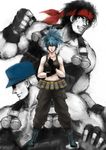  2boys bandana blue_hair boots clark_still crop_top cross-laced_footwear gloves hagane_(gravity) headband highres leona_heidern long_hair midriff multiple_boys navel ponytail ralf_jones snk sunglasses tank_top the_king_of_fighters the_king_of_fighters_xii 