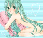  :o aqua_eyes aqua_hair aqua_nails bangs blue_background blush breasts hatsune_miku heart kneeling long_hair looking_at_viewer nail_polish nude open_mouth pillow pillow_hug polka_dot_pillow shinoda sideboob small_breasts solo striped striped_background twintails very_long_hair vocaloid 