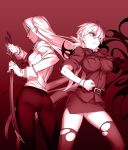  2girls ass back-to-back bangs belt breast_pocket breasts clenched_hand closed_mouth collared_shirt eyebrows_visible_through_hair false_arm false_limb fang fighting_stance glasses gloves hellsing holding holding_sword holding_weapon integra_hellsing kayama_(fukayama) large_breasts long_hair low_twintails military military_uniform miniskirt monochrome multiple_girls panties pants pantyshot pantyshot_(standing) pocket profile rapier red seras_victoria shirt short_hair skirt standing sword taut_clothes taut_shirt thighhighs torn_clothes torn_legwear twintails underwear uniform v-shaped_eyebrows vampire weapon white_panties 