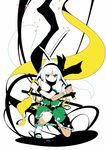  black_hairband blue_eyes bob_cut bobby_socks dual_wielding green_eyes hairband hitodama holding ideolo katana kneeling konpaku_youmu konpaku_youmu_(ghost) mary_janes multicolored multicolored_eyes no_nose petals ribbon scarf shoes short_hair silver_hair socks solo sword touhou weapon white_hair wrist_ribbon 