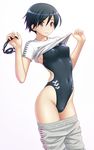  arena_(company) black_hair breasts brown_eyes competition_swimsuit copyright_request covered_navel covered_nipples goggles highleg highleg_swimsuit highres kuri_(kurigohan) one-piece_swimsuit pants shirt short_hair simple_background skin_tight small_breasts solo swimsuit swimsuit_under_clothes t-shirt track_pants undressing white_background 