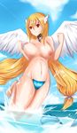  angel_wings astraea bikini breasts chains cloud collar highres long_hair navel nipples nonoririn red_eyes sky sora_no_otoshimono swimsuit very_long_hair water wings 