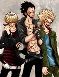  3boys abs belphegor_(reborn) belt belts black_hair blonde_hair fangs fingerless_gloves gloves grin hair_over_eyes joushima_ken katekyo_hitman_reborn! lanchia male male_focus matsun_(mathun) multiple_boys open_clothes open_shirt scar scars school_uniform shirt short_hair smile striped striped_shirt tiara tongue uniform 