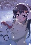  bad_id bad_pixiv_id black_eyes black_hair cat_hair_ornament coat earmuffs hair_ornament hairclip hory_makoto long_hair mittens original snow snowman solo twintails winter 