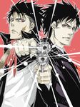  2boys black_hair formal gun katekyo_hitman_reborn katekyo_hitman_reborn! multiple_boys necktie red_eyes scar scars sideburns suit tie weapon xanxus 