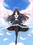  angel_wings black_hair black_legwear blush cloud dress feathers flower garter_straps gokou_ruri gothic_lolita hairband halo koflif legs lolita_fashion long_hair mole mole_under_eye ore_no_imouto_ga_konna_ni_kawaii_wake_ga_nai purple_eyes purple_flower purple_rose red_eyes rose sky snow solo thighhighs wings 