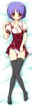  black_legwear blue_hair blush bow brown_eyes dakimakura full_body hair_bow hairband highres hoshizora_no_memoria isuzu_aoi lying on_back panties ribbon short_hair solo thighhighs underwear white_panties yuku_(kiollion) 