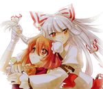  bandages bow bun_cover commentary_request double_bun fujiwara_no_mokou hair_bow hair_ribbon hug ibaraki_kasen long_hair multiple_girls pink_hair red_eyes ribbon short_hair silver_hair touhou yetworldview_kaze yuri 