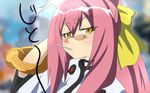  adjusting_hair arc_system_works blazblue blush bracelet cat_eyes female glasses jewelry kokonoe labcoat long_hair mgawa orange_eyes pink_hair ponytail ribbon slit_pupils solo tsumayo_(mgawa) yellow_ribbon 