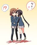  2girls bad_id bad_pixiv_id black_hair brown_eyes brown_hair closed_eyes hirasawa_yui k-on! kiss kneepits kurou_(quadruple_zero) long_hair multiple_girls nakano_azusa pantyhose school_uniform short_hair translated twintails yuri 