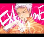  1boy bandage extreme gray_eyes grey_eyes katekyo_hitman_reborn katekyo_hitman_reborn! male male_focus orange_shirt red_background sasagawa_ryohei sasagawa_ryouhei scar shirt short_hair shueisha silver_hair solo steam text white_hair 