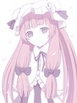  :&lt; bad_id bad_pixiv_id bangs blunt_bangs blush bow capelet crescent hair_bow hat long_hair looking_at_viewer patchouli_knowledge puchiman purple_eyes purple_hair ribbon solo touhou upper_body 